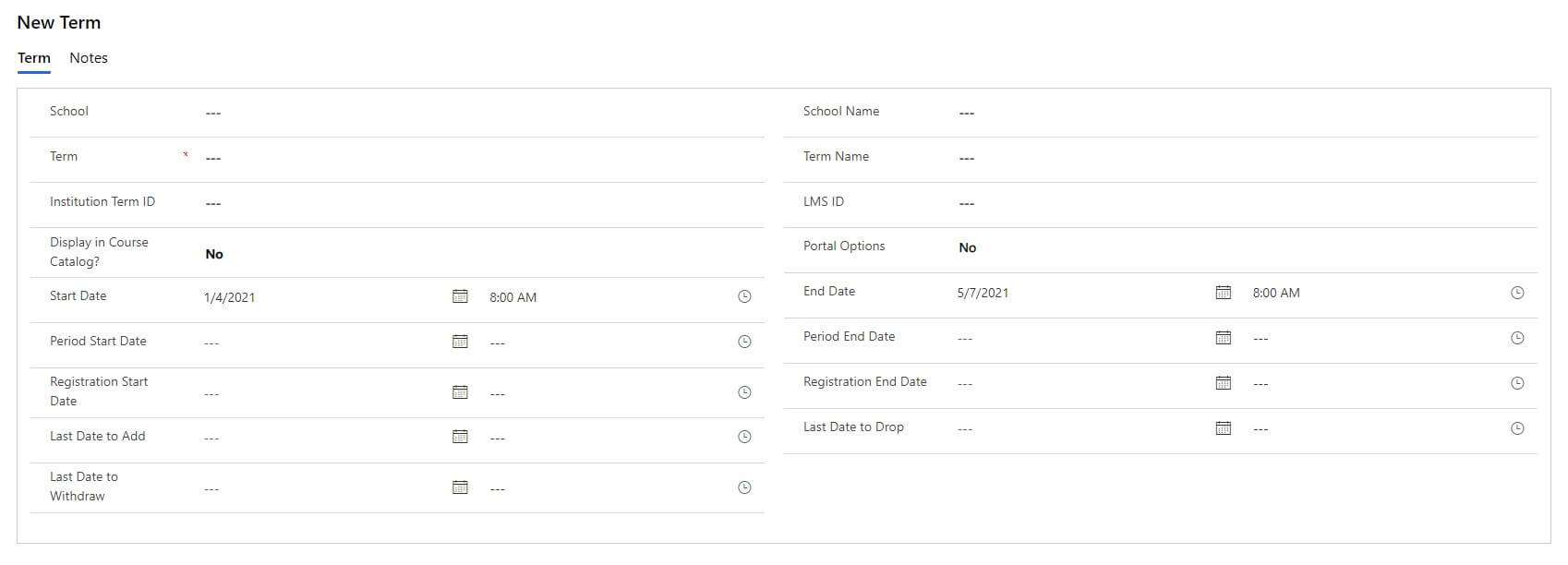 screenshot of new term form