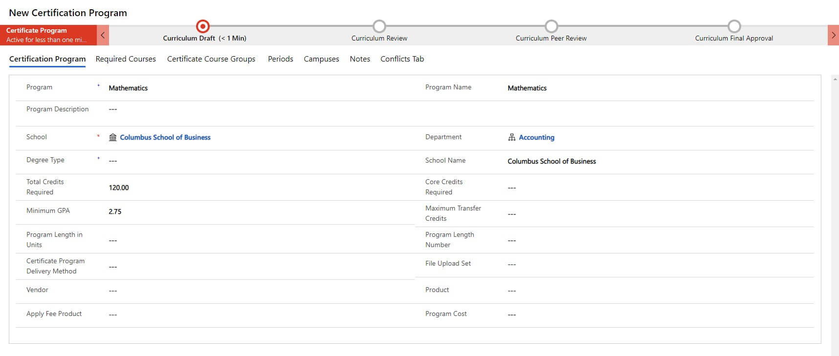 screenshot of new certification program form
