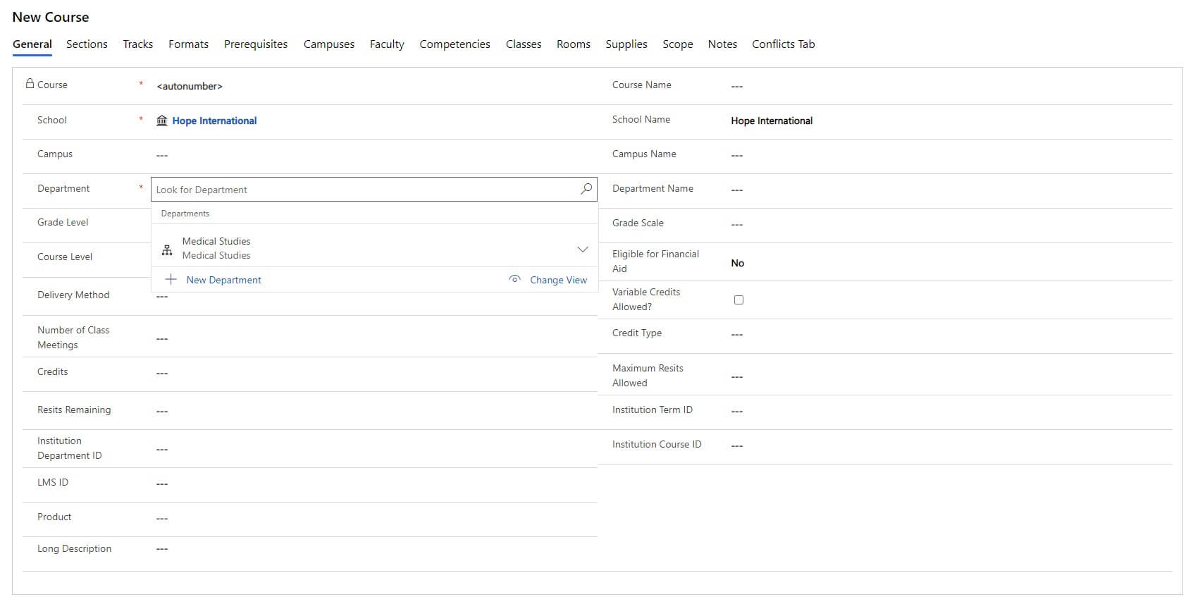 screenshot of new course form