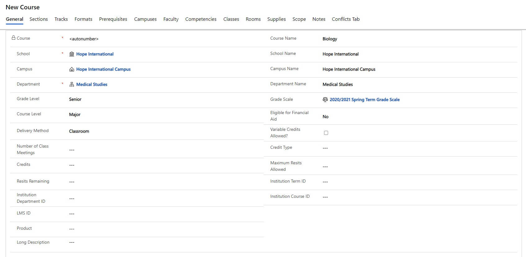 screenshot of new course form