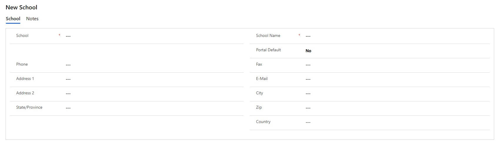 screenshot of new school form
