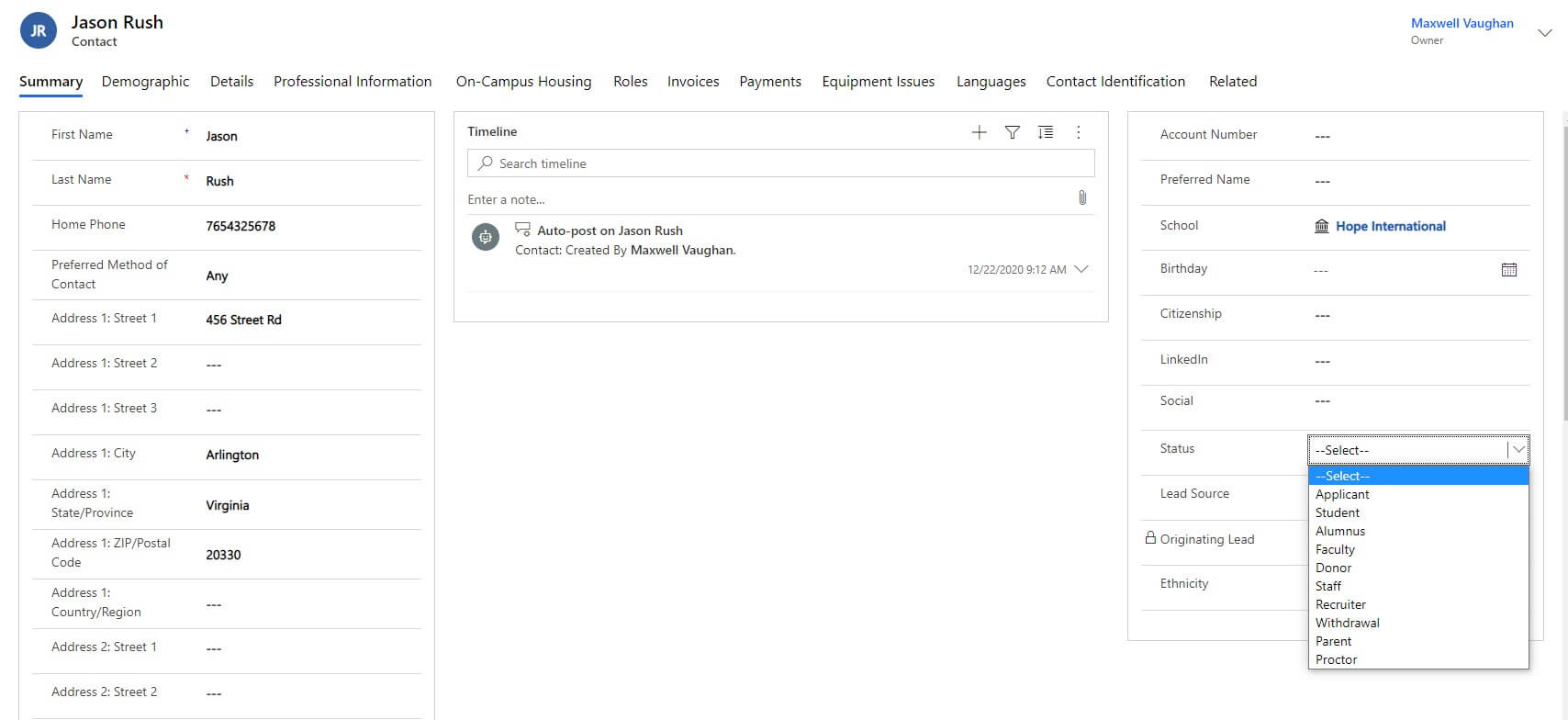 screenshot of new contact form