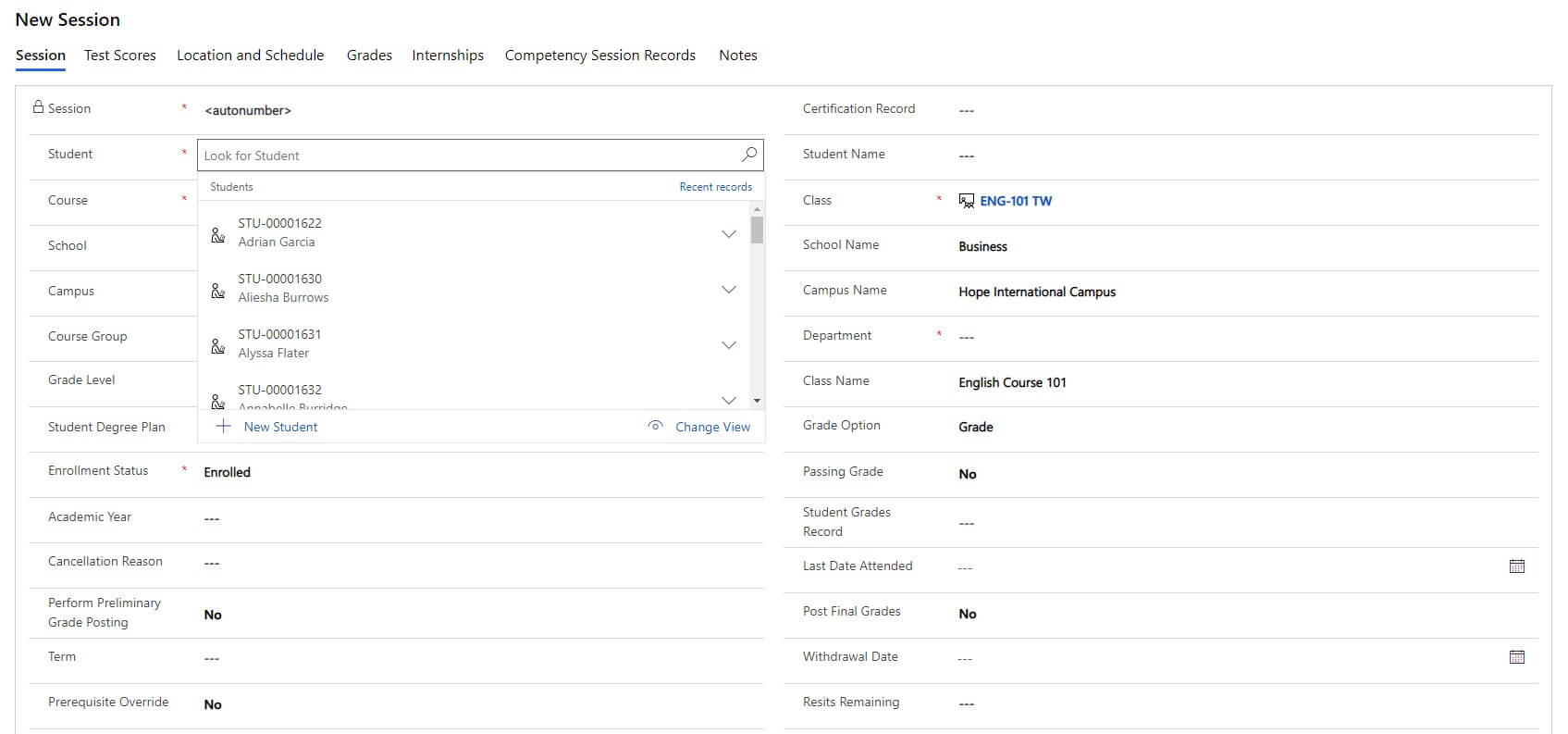 screenshot of new session form