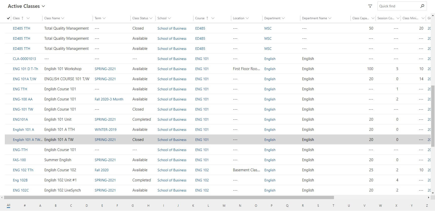 screenshot of active classes window