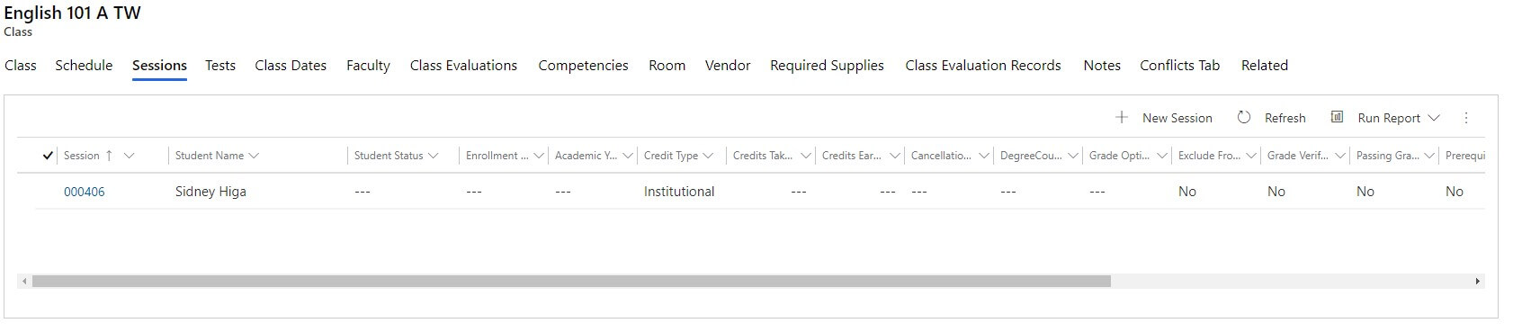 screenshot of class sessions window