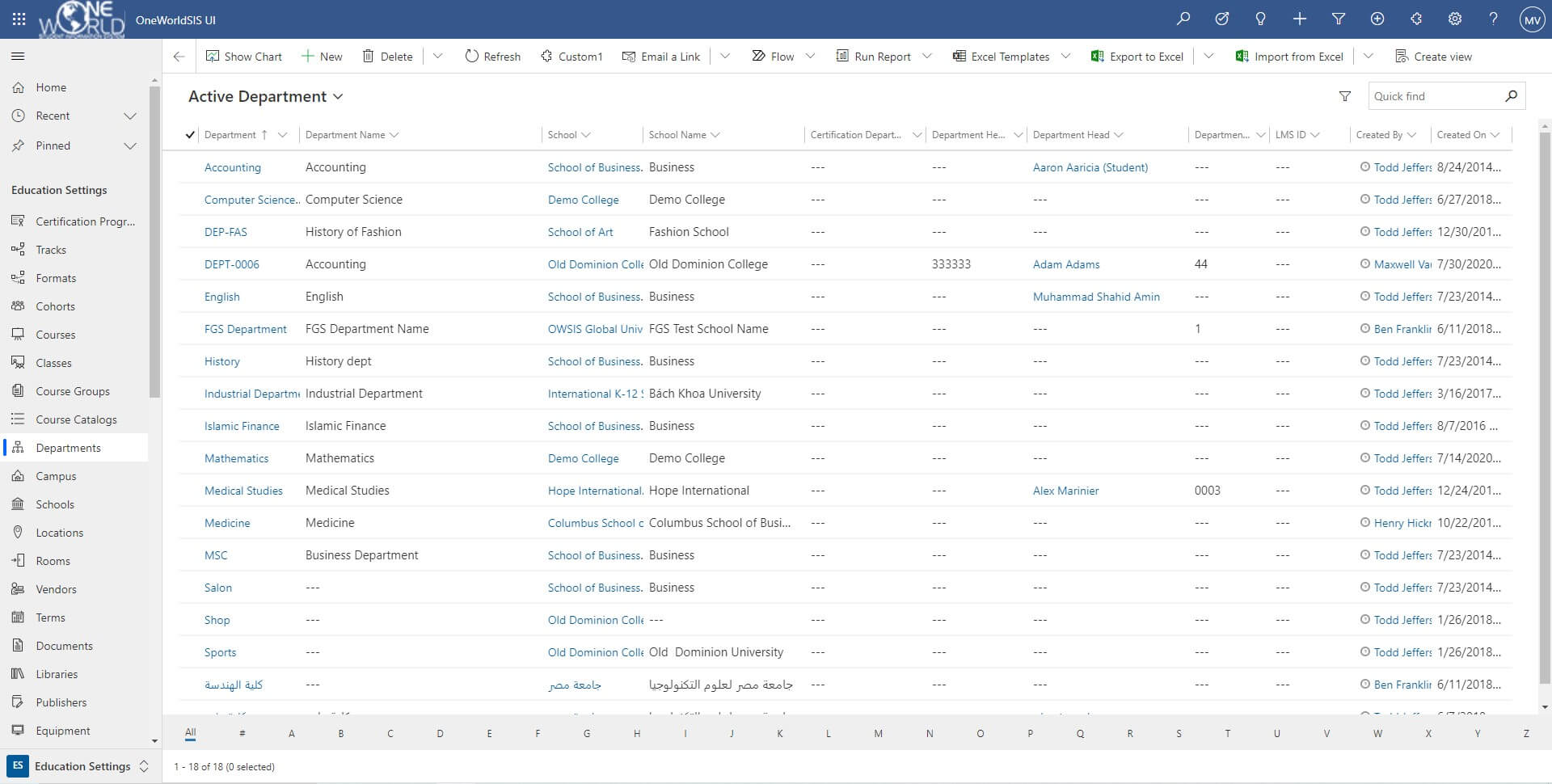 screenshot of departments window