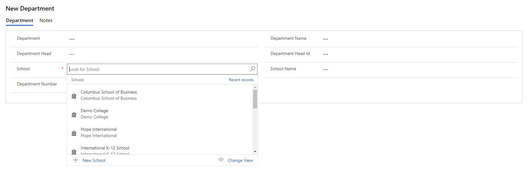 screenshot of new department form